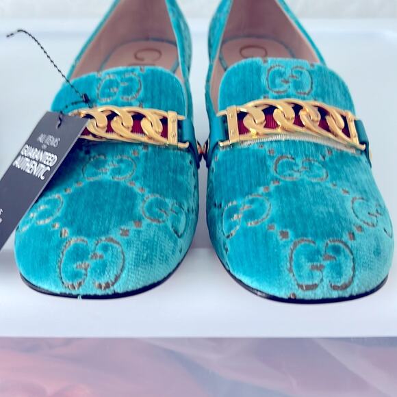 NEW! GUCCI Shoes Velvet Gg Sylvie Chain Detail Mid-Heel Square loafers 9… - Picture 9 of 16